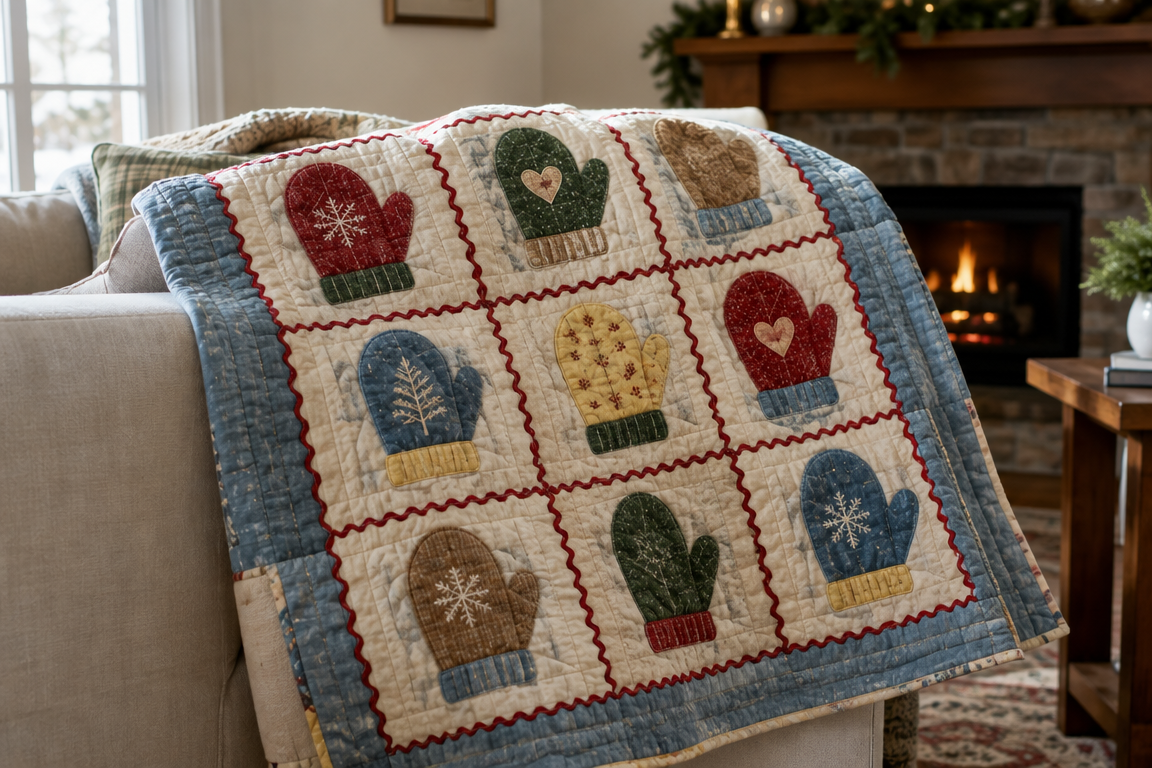 Mitten Garland Throw Quilt with Mismatched Pairs