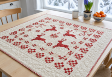 Frostkrans: Nordic Reindeer Medallion Quilt in Barn Red