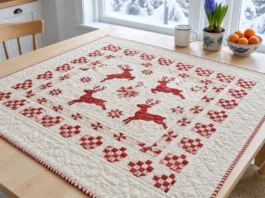 Frostkrans: Nordic Reindeer Medallion Quilt in Barn Red