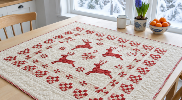Frostkrans: Nordic Reindeer Medallion Quilt in Barn Red