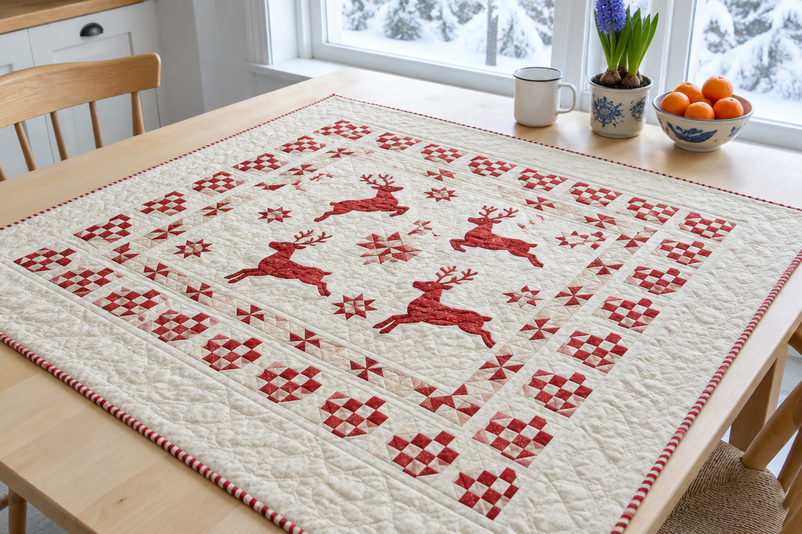 Frostkrans: Nordic Reindeer Medallion Quilt in Barn Red